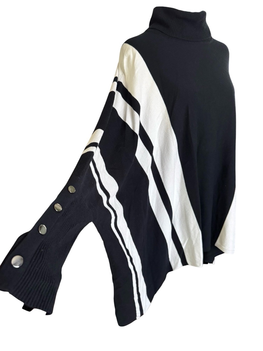 Alfani Black White Striped Turtleneck Poncho Sweater Large Asymmetrical - Picture 3 of 7